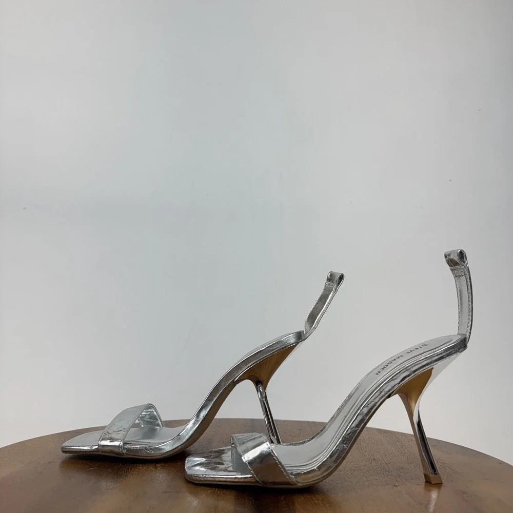 New Womens Steve Madden Luxedo Silver Metallic Leather Heeled Sandals Size 7.5 M